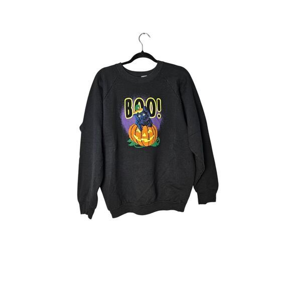 Vtg. Halloween Pumpkin Black Cat‎ Puffy Paint Fruit Of The Loom Sweatshirt XL - Picture 1 of 5